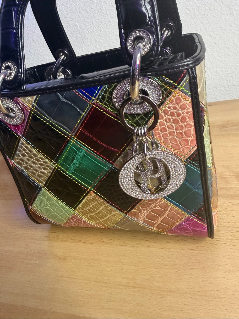 CD LadyD patchwork tote multicolor crocodileembossed signature silver tone charm - Picture 4 of 11